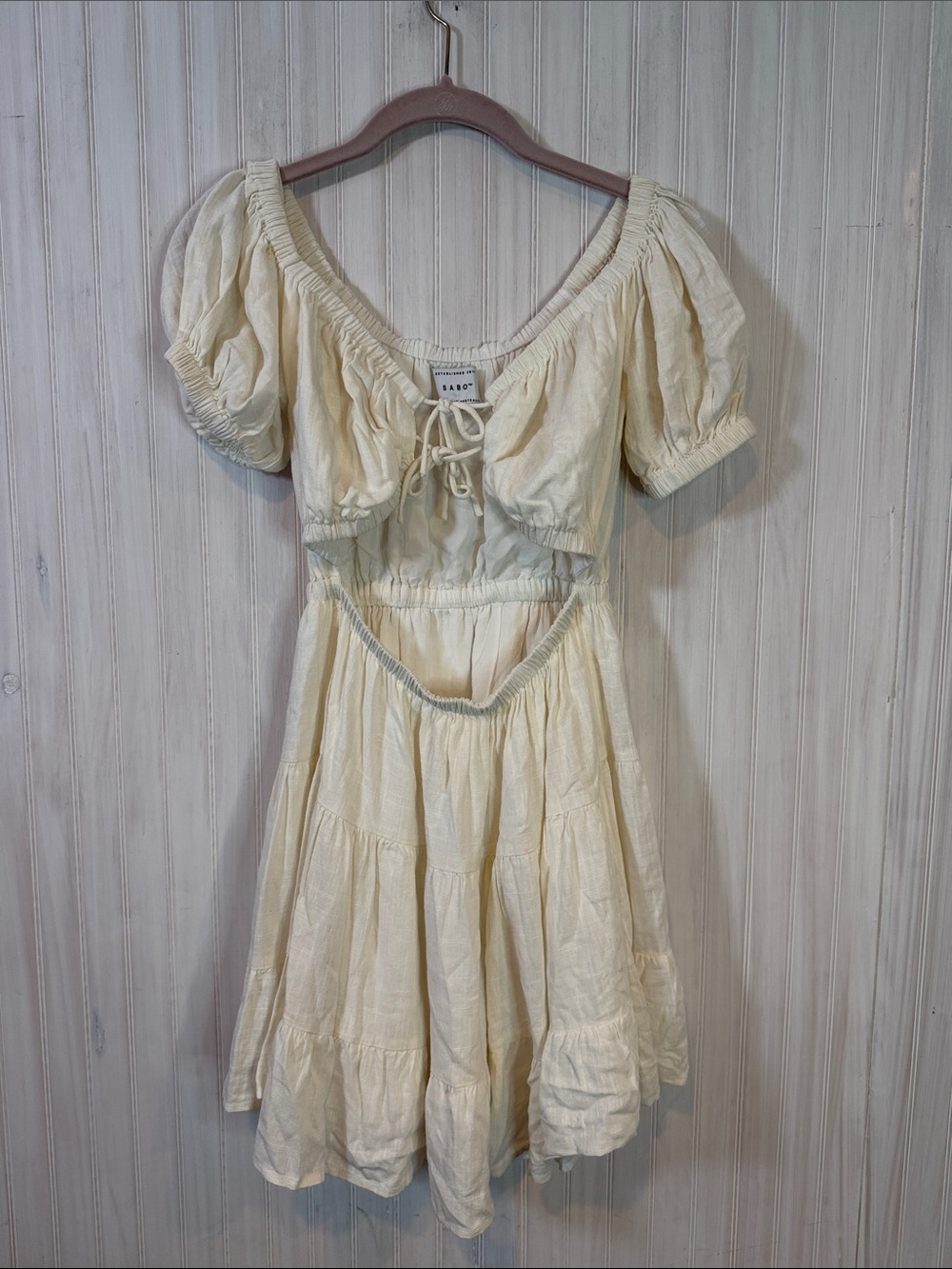 SABO LINEN BLEND TIE MINI DRESS SMALL